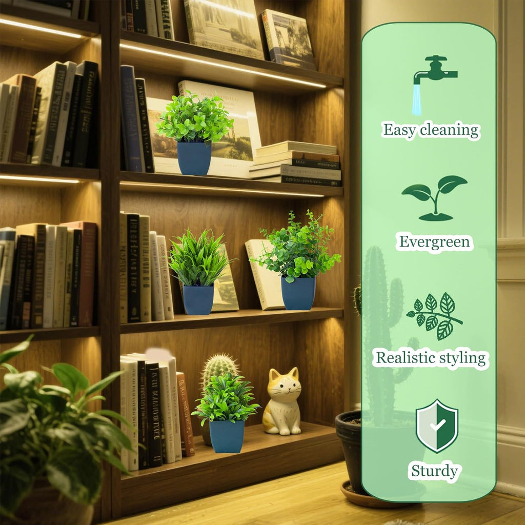 Grever 4 Pack Small Fake Plants in Blue Pot Mini Artificial Potted Plants for Home Bathroom Office Table Desk Shelf Indoor Decor