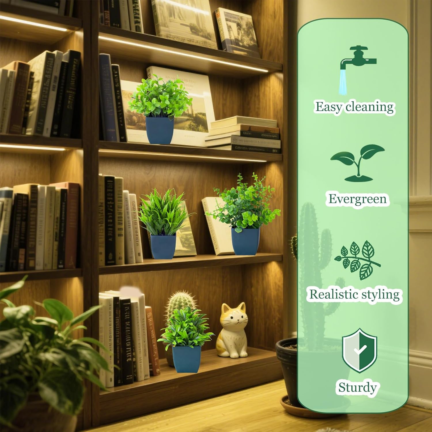 Grever 4 Pack Small Fake Plants in Blue Pot Mini Artificial Potted Plants for Home Bathroom Office Table Desk Shelf Indoor Decor
