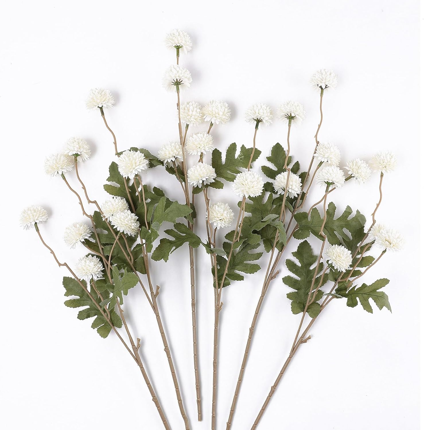 mizii 6Pcs White Fake Silk Pompon Mum Artificial Flowers Bulk Small Faux Chrysanthemums with Stems Realistic Floral Decorations for Wedding DIY Bouquet Centerpieces Shower Vase Home Decor (White)