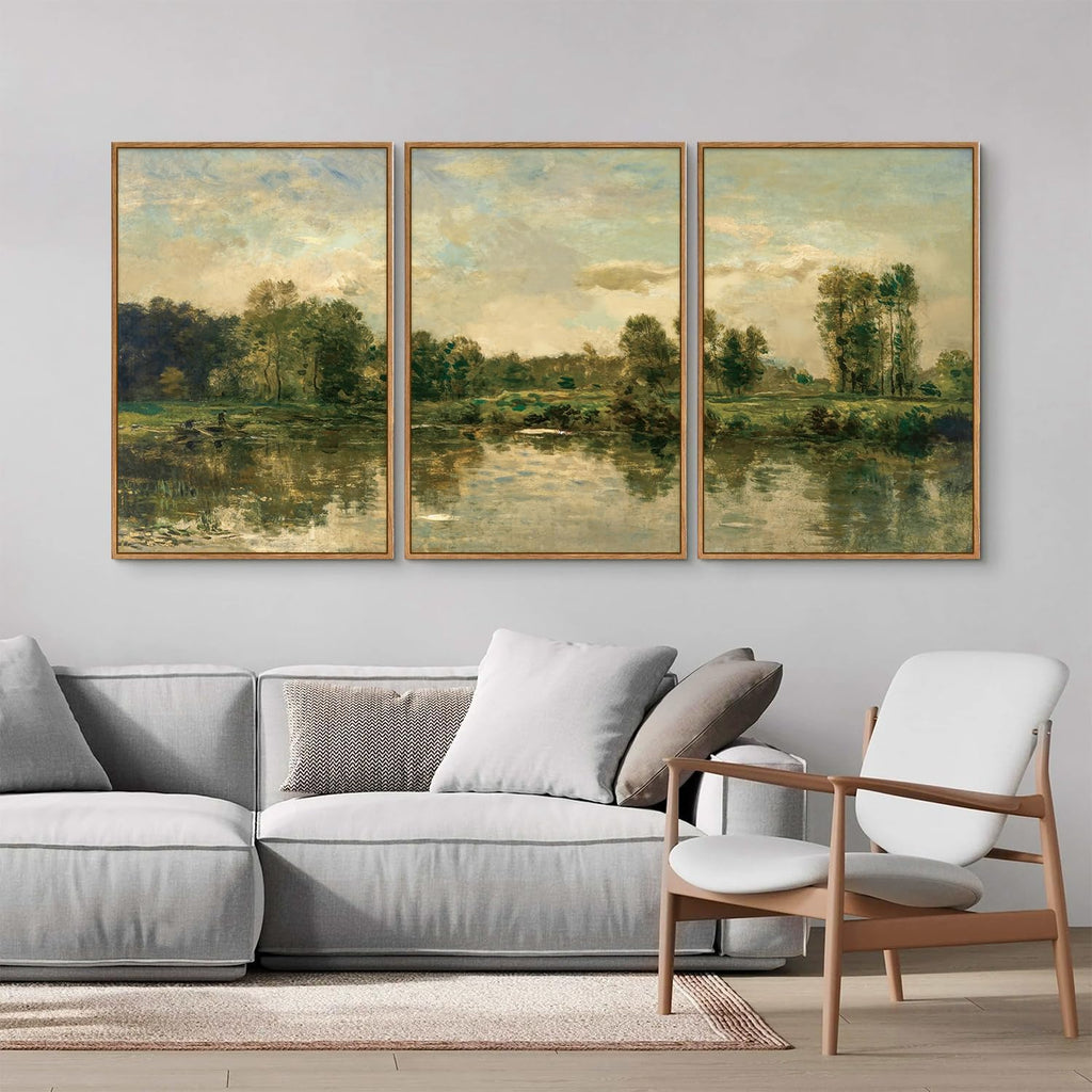 Tinonedraw Vintage Nature Framed Canvas Wall Art Set of 3, French Country Wall Decor, Olive Green Trees Art Paintings, Rustic Landscape Farmhouse Art Prints for Living Room Bedroom Office 24"x36"x3