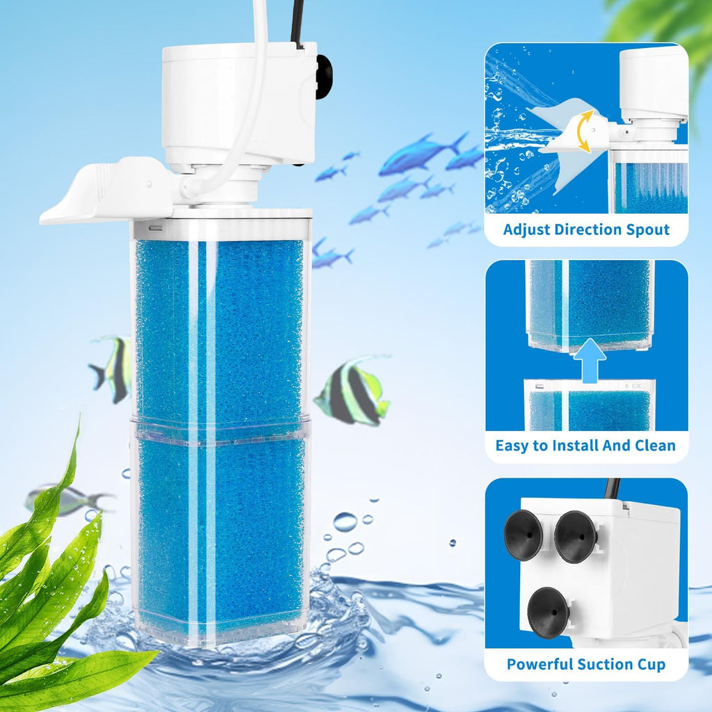 Fish Tank Filters for 10-40 Gallon Tanks, Submersible Aquarium Filter with Filtration, Oxygenation, Wavemaker, Circulation 4-in-1, Powerful Aquarium Filter for Fresh/Saltwater Tank
