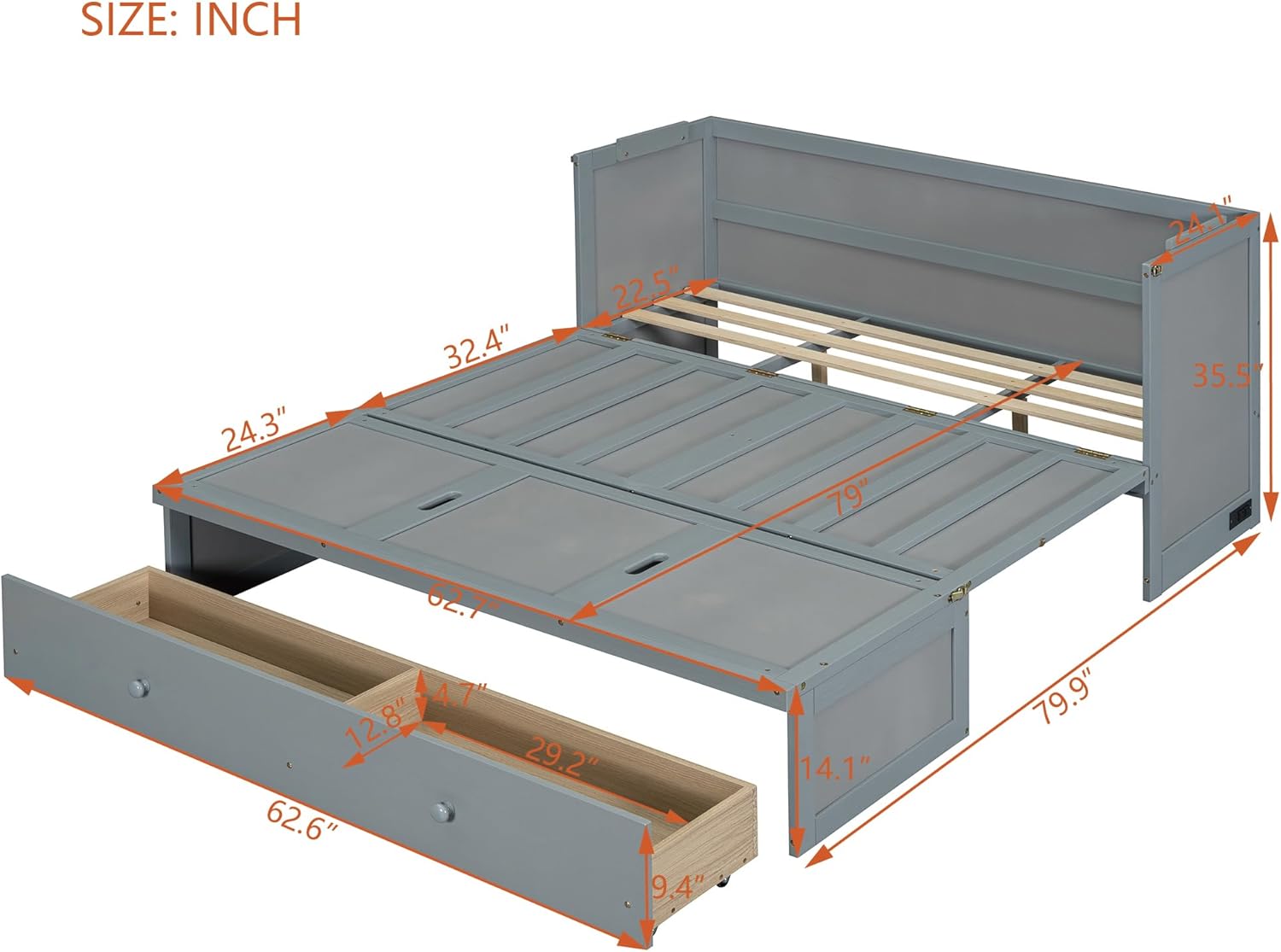 Harper & Bright Designs Queen Murphy Bed with USB Charging Station and Large Drawer, Wooden Queen Size Bed Wall Bed with Storage, Cube Cabinet Bed for Home Office Guest Room Bedroom,Gray
