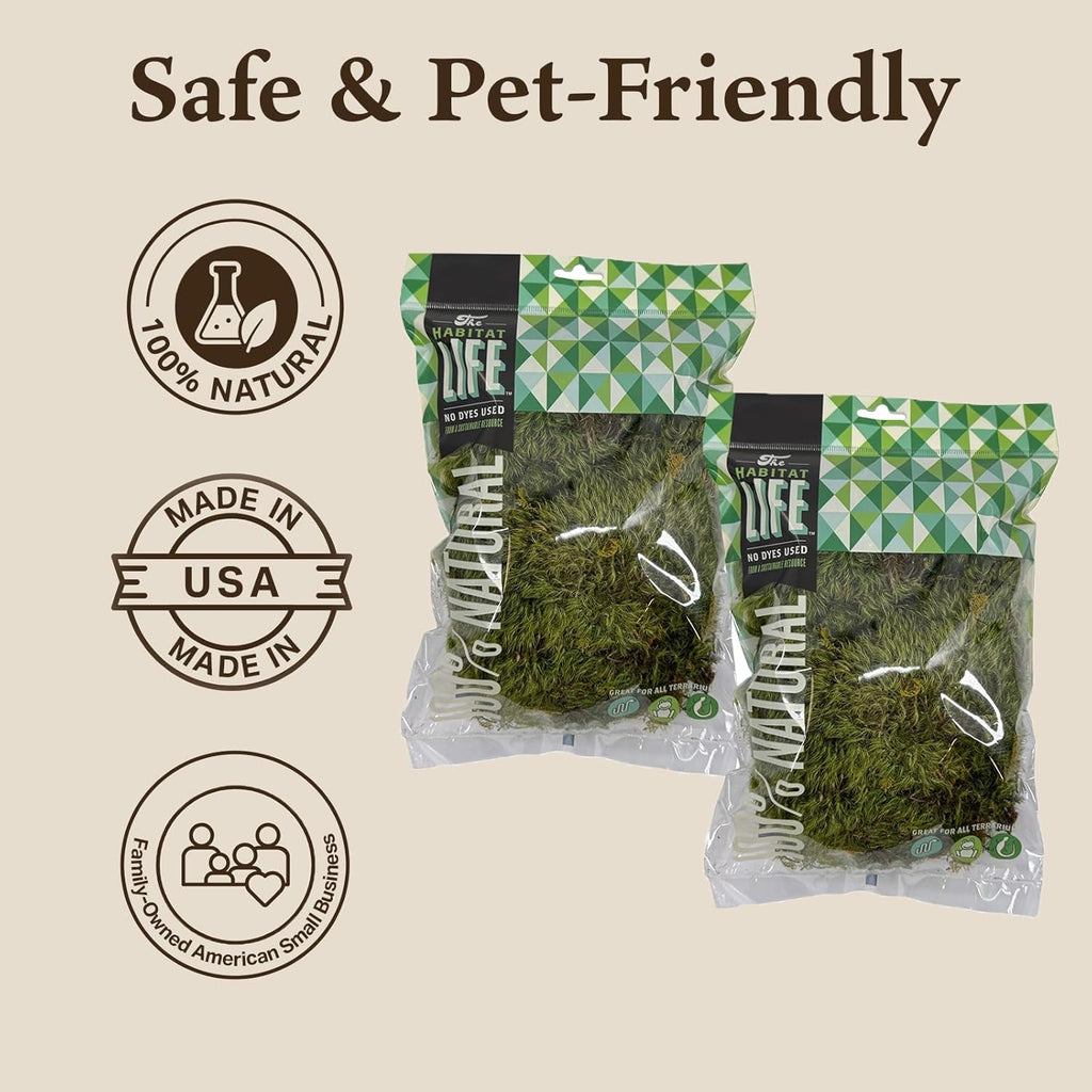The Habitat Life - Natural Mood Moss - for Reptiles, Amphibians & Invertebrates Terrariums - Moisture-Retaining - Humidity Control - Soft Bedding - Dye-Free & Safe - Small - 2 Pack