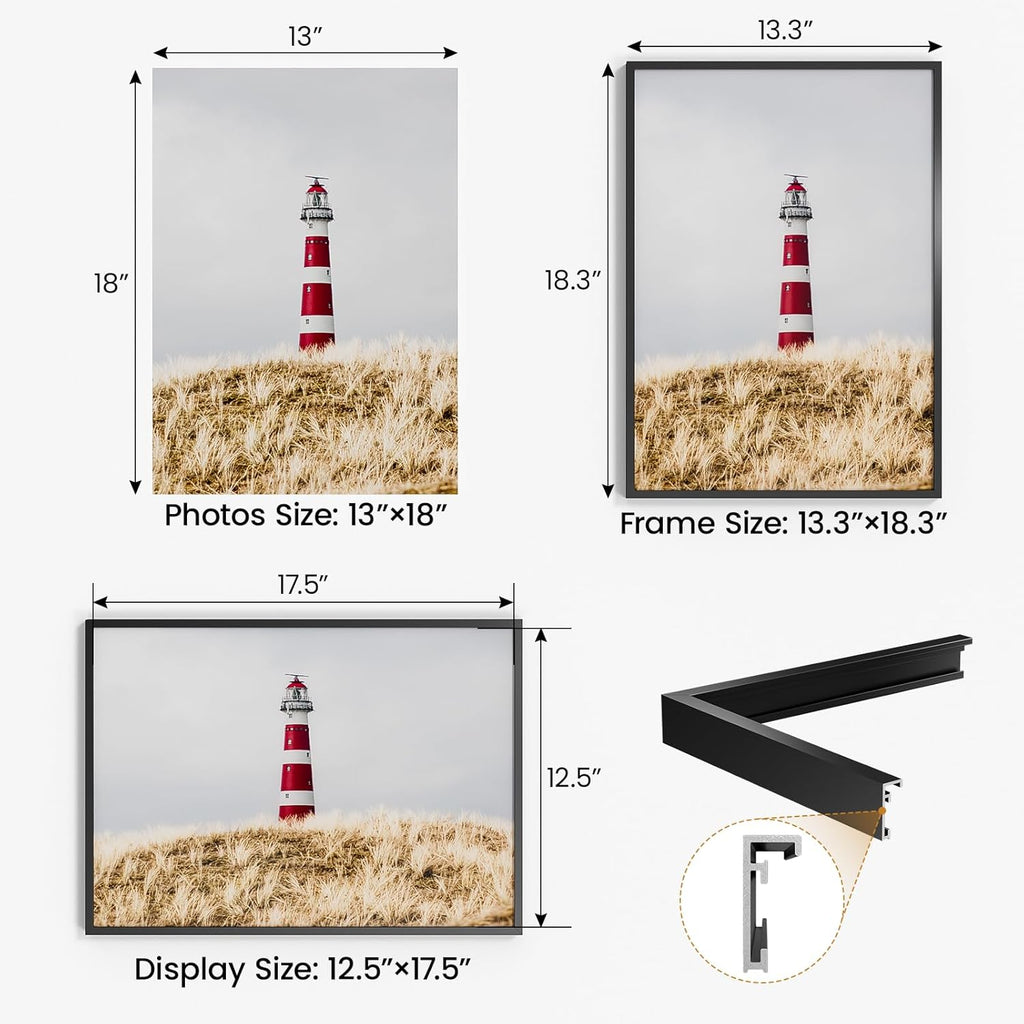 13x18 Aluminum Metal Picture Frame,Tempered Glass Black Photo Frame 13x18 for Family Photo,Posters,Art,Document to Wall Mount Horizontally or Vertically
