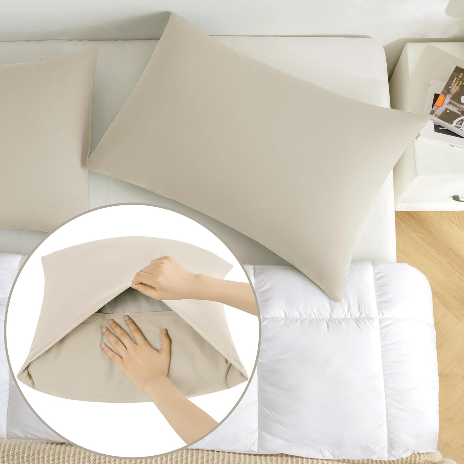 JELLYMONI Pillowcases King Set of 2 Cotton Envelope Pillow Covers Light Khaki 20×36in Bed Pillow Cases 100% Washed Cotton Soft Breathable (Pillows are not Included)