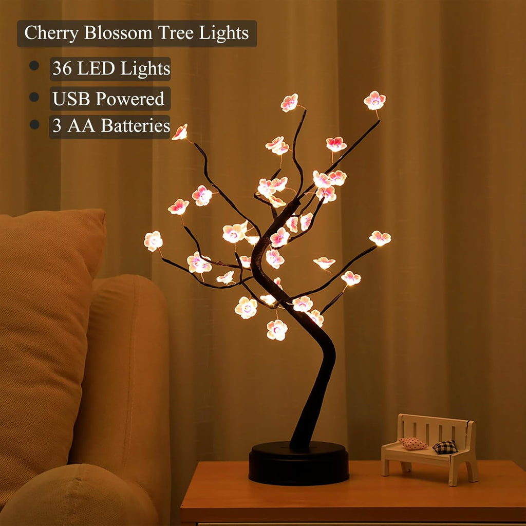 36 LED Cherry Blossom Sparkly Fairy Spirit Tree Lights, Twinkling Tree 3AA&USB Powered, Tabletop DIY Artificial Tree Lamp for Bedroom Christmas Indoor Room Decor Lights (Warm White)