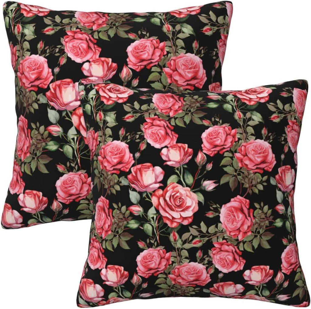 Pink Roses Floral Throw Pillow Covers Set of 2 Ultra-Soft All-Season Shams with Hidden Zipper,Durable for Sofa Bed Car Decor & Gift 18x18IN