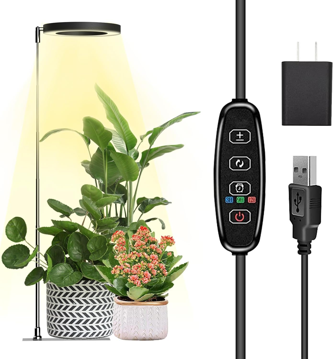 IMVSINCERE Halo Grow Light for Indoor Plants 72 LEDs - Adjustable Height （6.5-25 in） Full Spectrum LED Growing Lamp with Base, Auto On/Off Timer (3/9/12H), 10 Dimmable Brightness, 5V Adapter 160MM