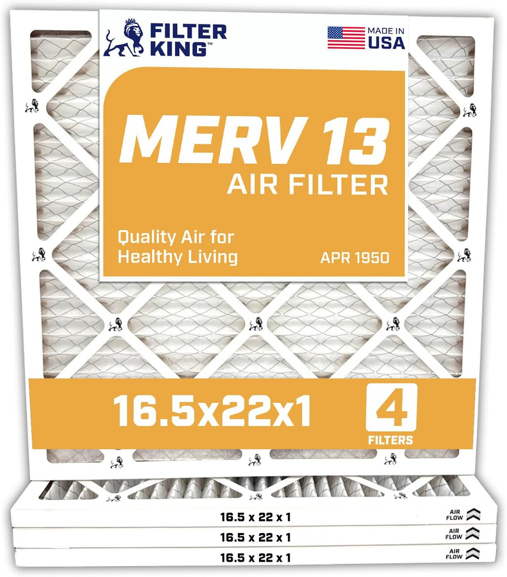 Filter King 16.5x22x1 Air Filter | 4-PACK | MERV 13 HVAC Pleated A/C Furnace Filters | MADE IN USA | Actual Size: 16.5 x 22 x .75"