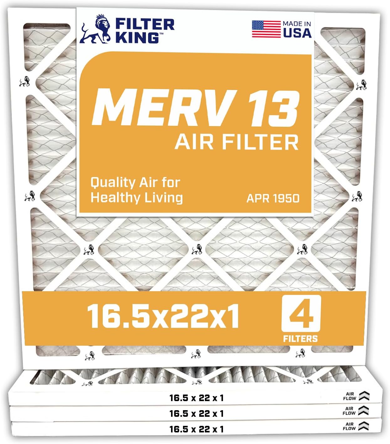 Filter King 16.5x22x1 Air Filter | 4-PACK | MERV 13 HVAC Pleated A/C Furnace Filters | MADE IN USA | Actual Size: 16.5 x 22 x .75"