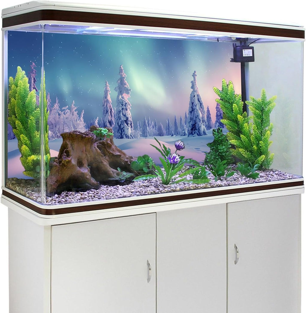 YongFoto Winter Snow Scene Fish Tank Background 30x12 inch Snowfield Pine Forest Rime Starry Sky Aurora Polyester Backdrop Reptile Habitat Terrarium Bearded Dragon Aquarium Background