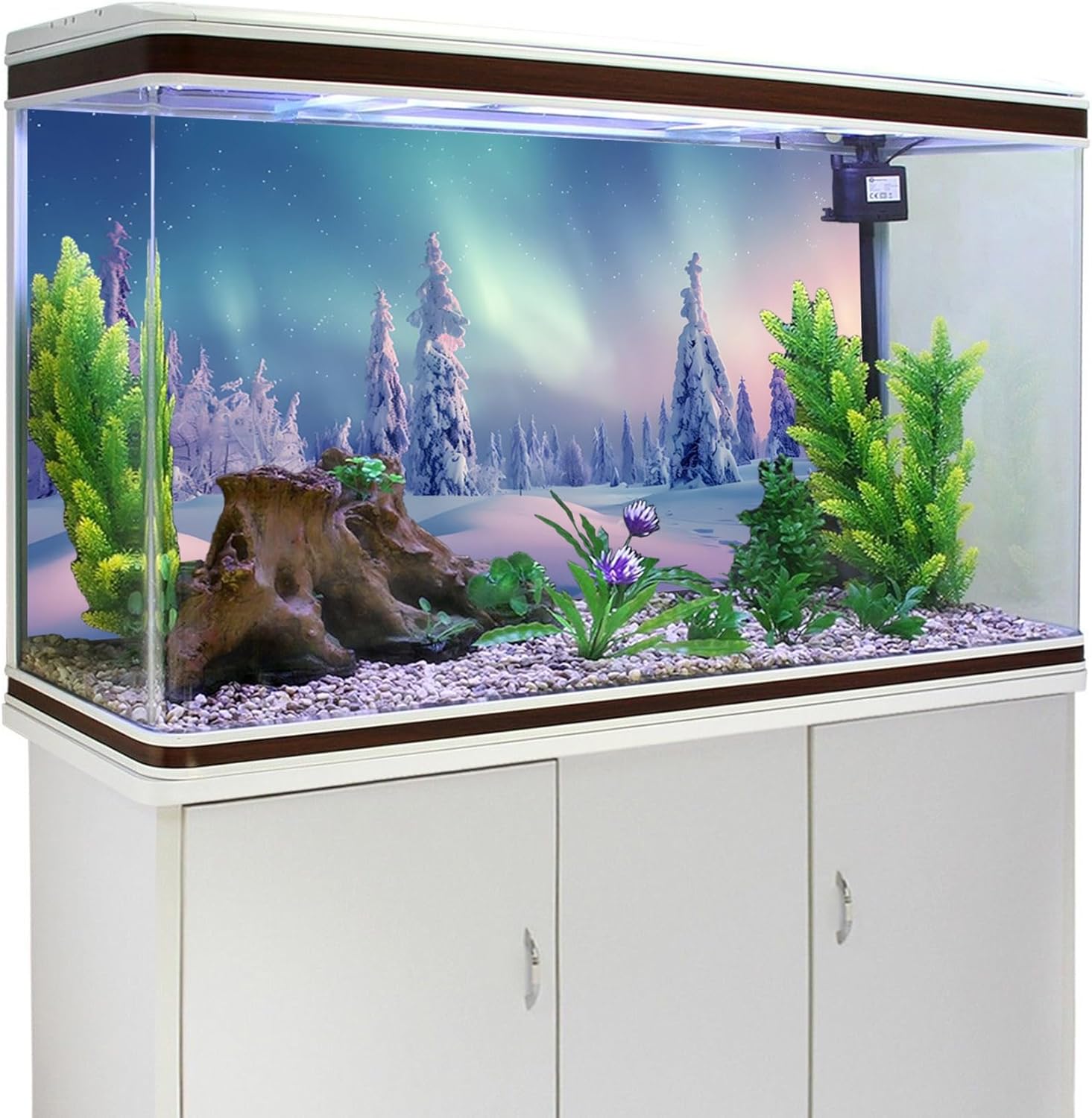 YongFoto Winter Snow Scene Fish Tank Background 36x24 inch Snowfield Pine Forest Rime Starry Sky Aurora Polyester Backdrop Reptile Habitat Terrarium Bearded Dragon Aquarium Background