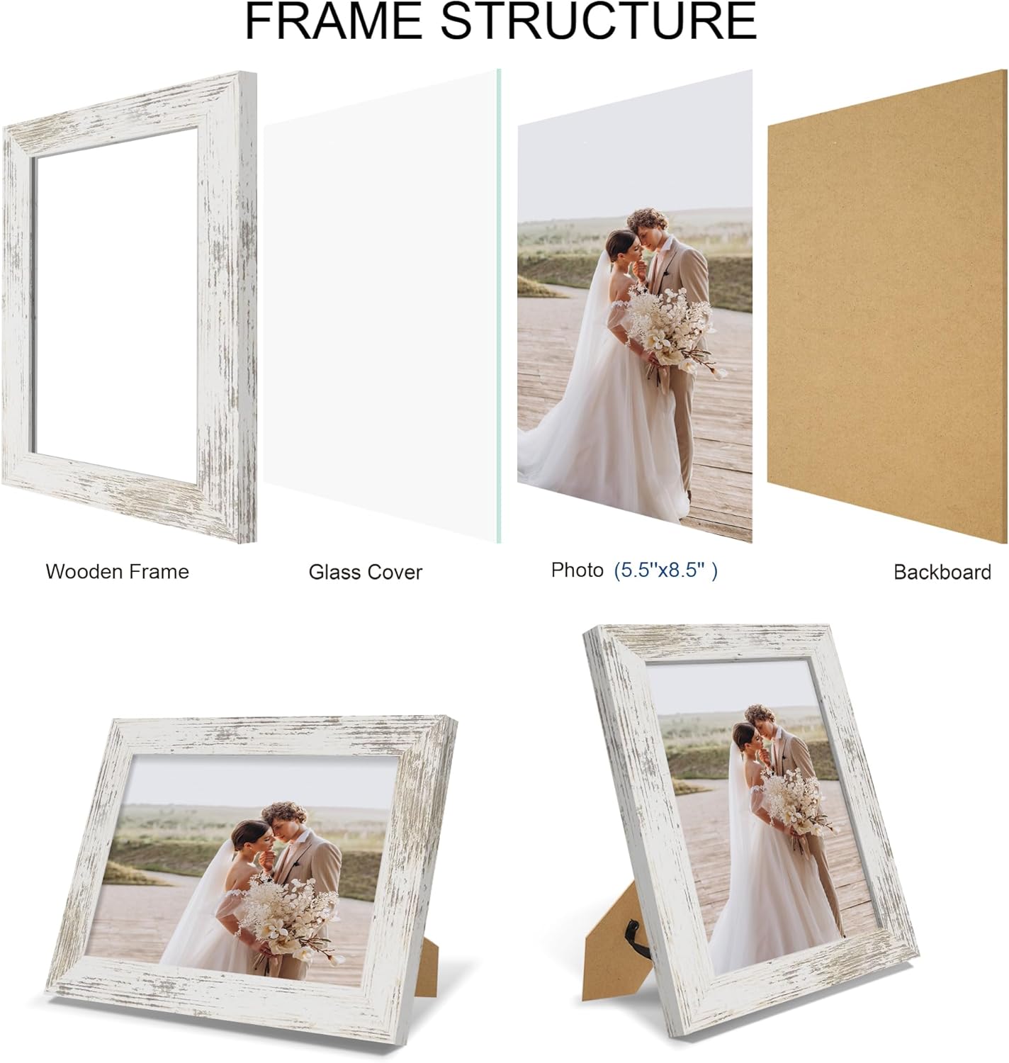 5.5x8.5 Picture Frame Set of 4, Made of Real Glass and Distressed White Frame, 5.5 by 8.5 Photo for Wall or Tabletop