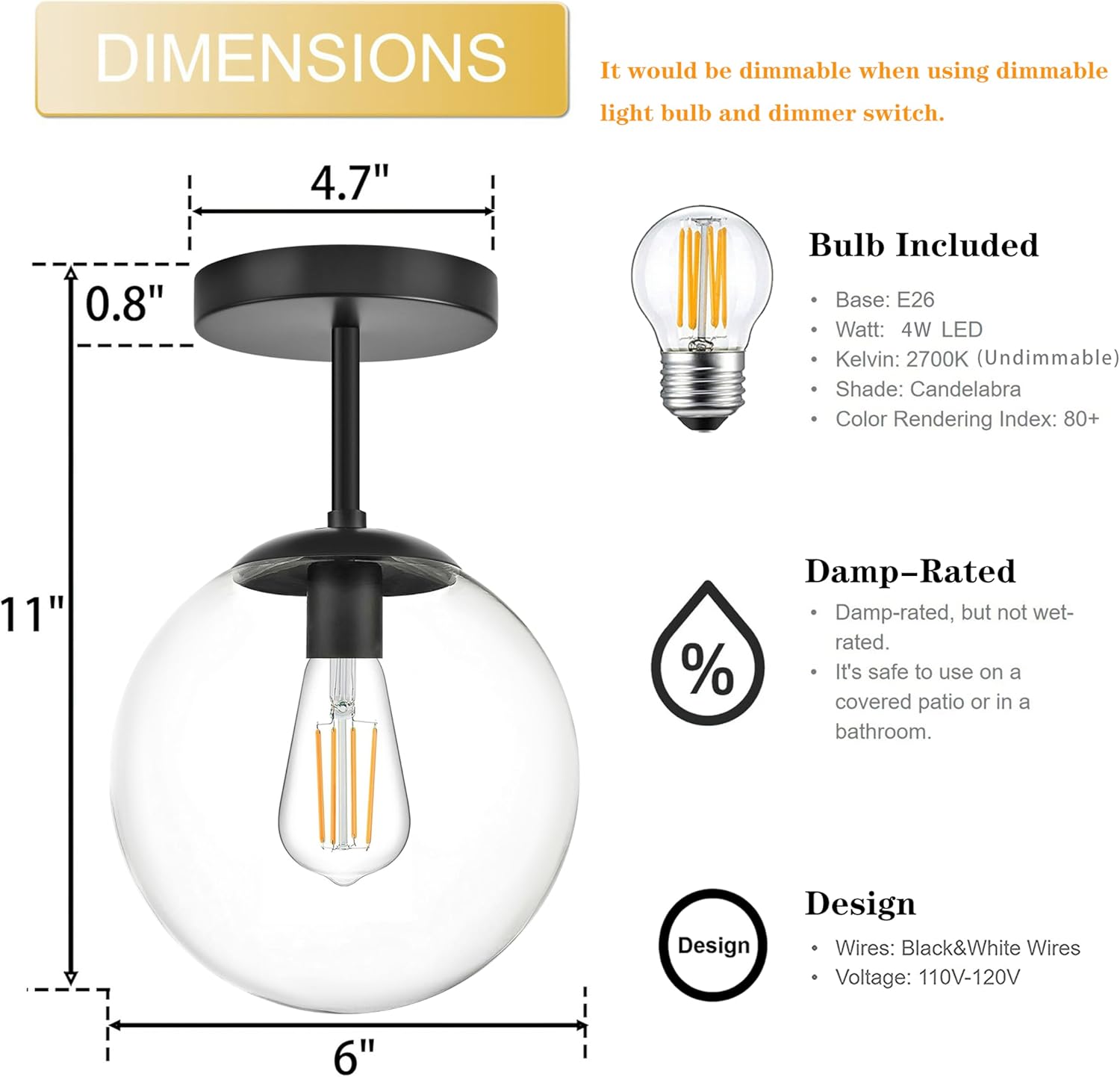 KoKo&Yukina Mid Century Modern Globe Semi Flush Mount Ceiling Light Fixture Clear Glass with Finish Black Globe Ceiling Light for Aisle Porch Stairway Closet Kitchen Laundry Room(Bulb Incl.)