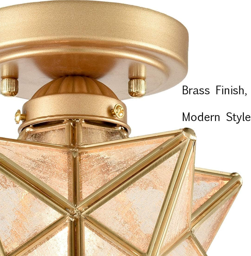 HOLKIRT Brass Modern Moravian Star Ceiling Light Semi-Flush Mount with 8 Inch Seeded Glass