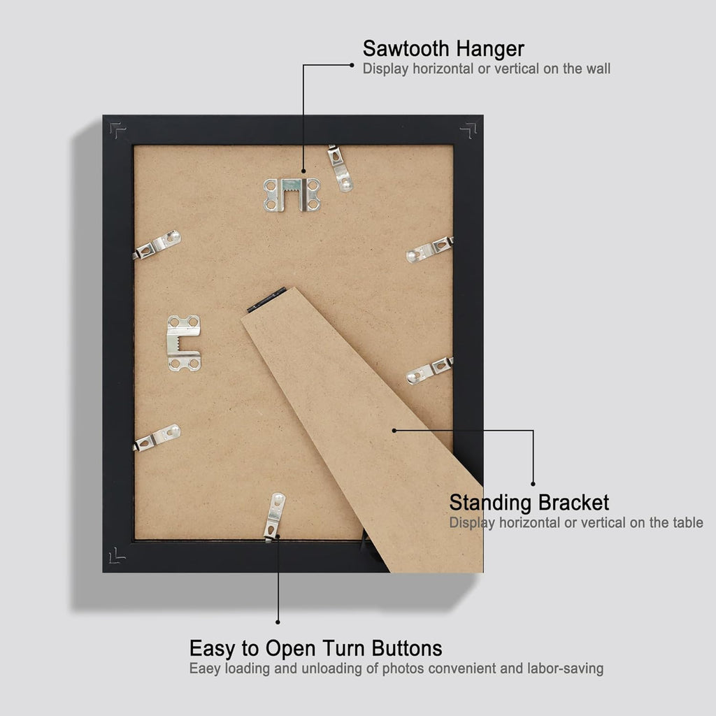 8x10 Picture Frame Set of 4, Made of Real Glass and Black Wooden Frame, 8 by 10 Photo for Wall or Tabletop - Display Picture 5x7 with Mat or 8x10 Without Mat