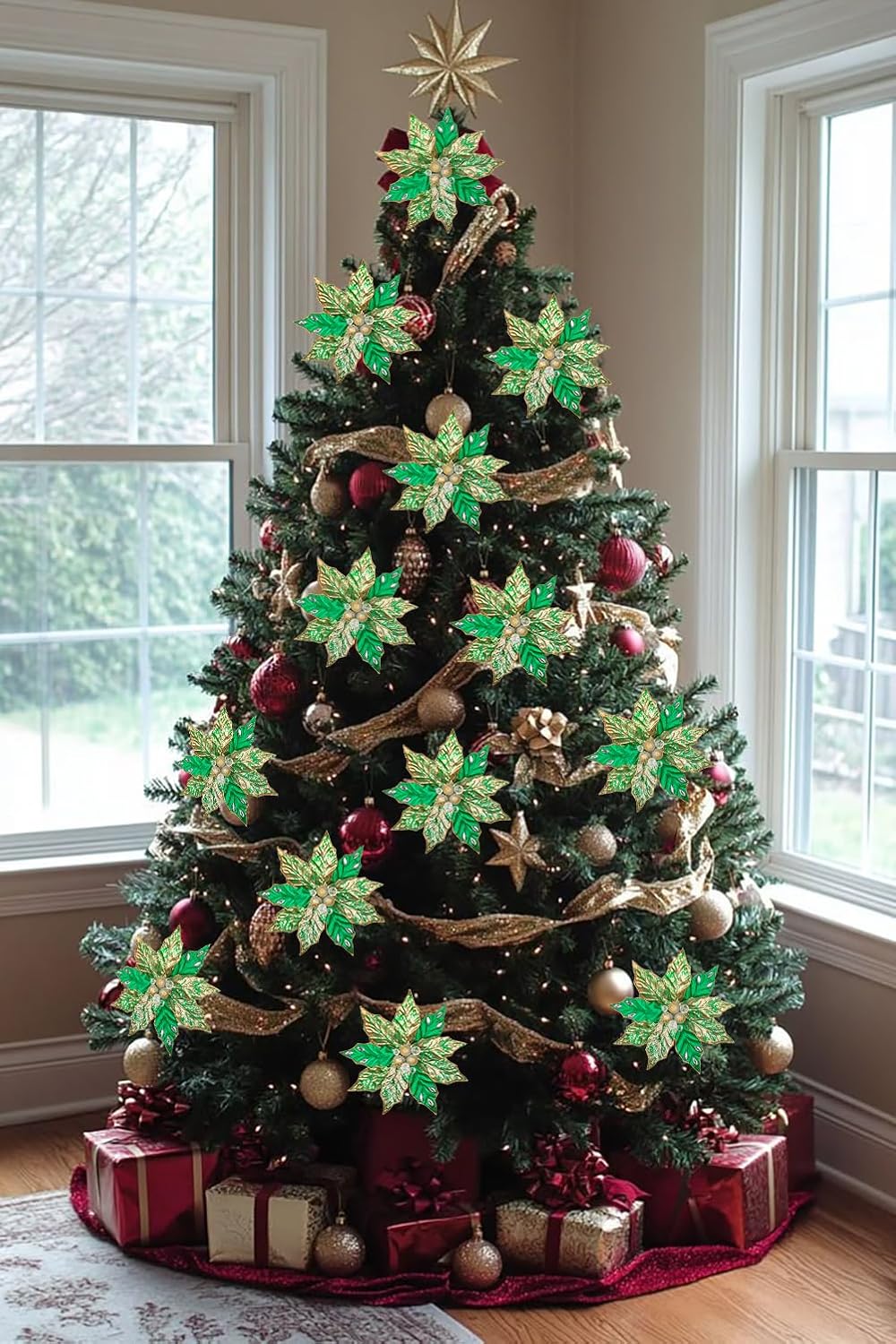 Hollyone 3PCS Poinsettia Christmas Flowers Artificial 11" Large Green and Gold Glitter Poinsettia Flowers Christmas Tree Ornament Floral Picks for Tree Wreath Garland Vase Table Centerpiece Home Decor