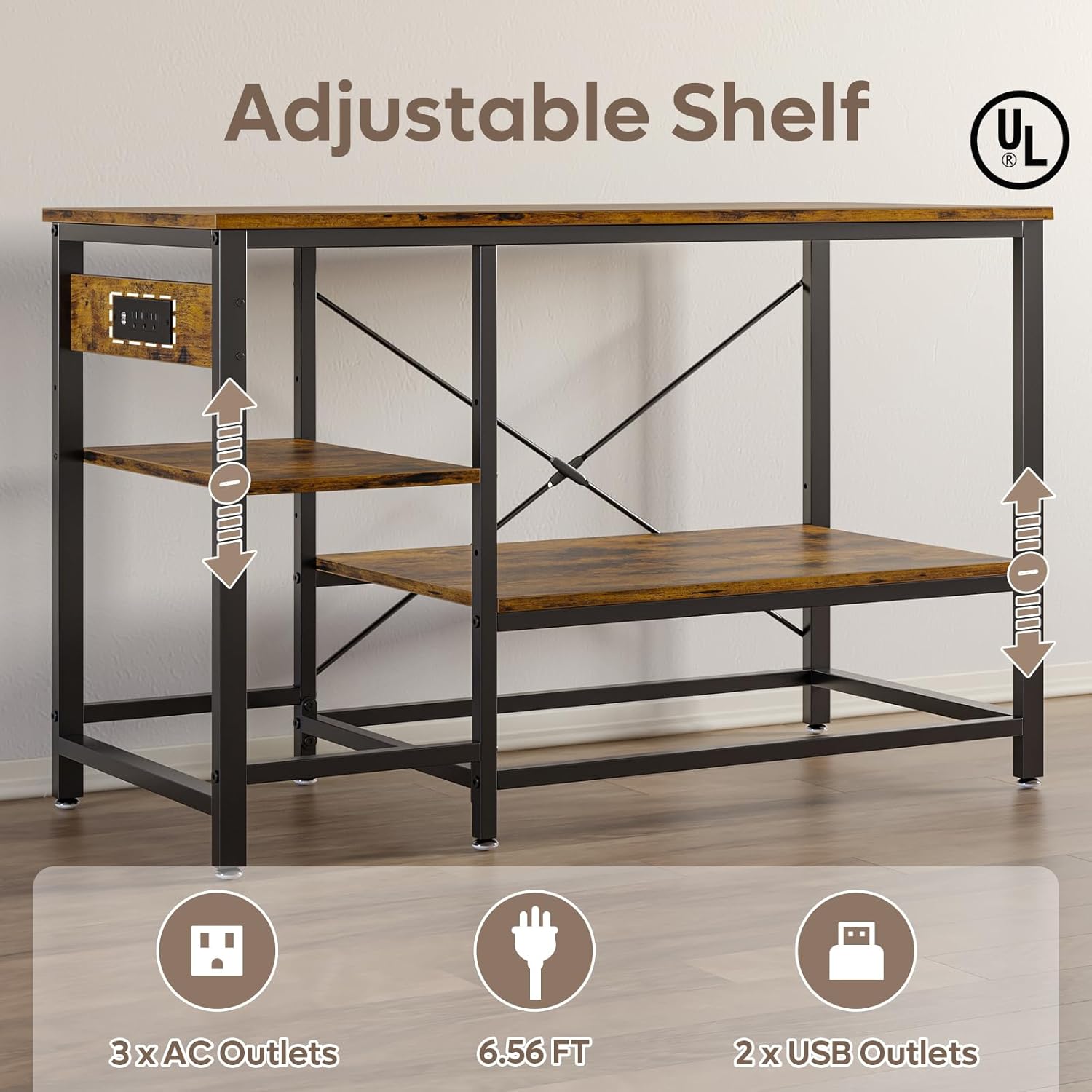 Bestier 55 Gallon Fish Tank Stand with Power Outlet, 49x13 Metal Aquarium Stand with Filter Storage, 6-Leg Long Reptile Tank Stand with 3-Tier Adjustable Storage Shelves, 700LBS Capacity
