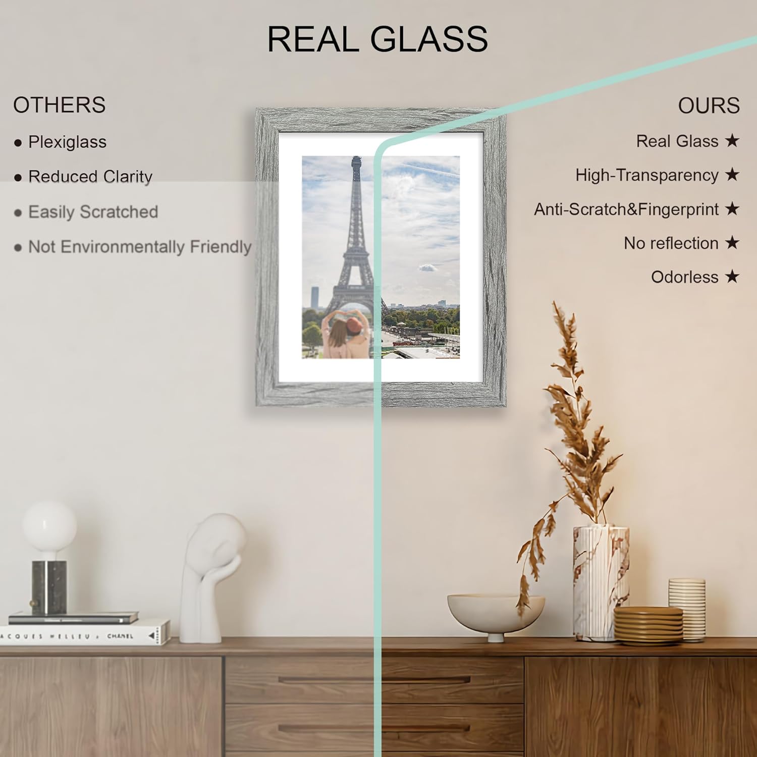 9x11 Picture Frame Set of 4, Made of Real Glass and Grey Frame - Display Picture 7x9 with Mat or 9x11 Without Mat, 9 by 11 Photo for Wall or Tabletop