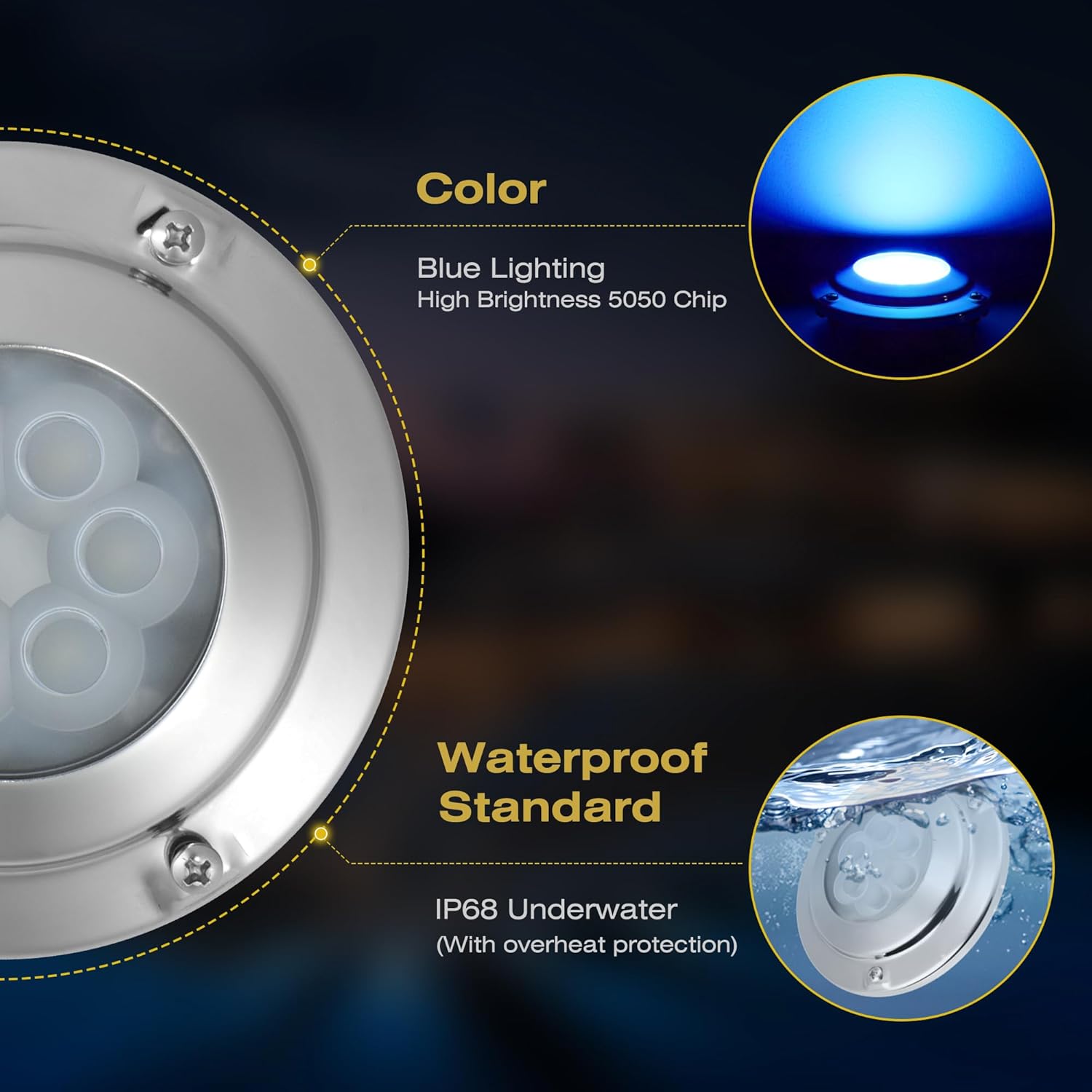 Goldlife 6,000LM Marine Underwater LED Light for Boat, B4-3 Blue, 4.3" 60W DC10-30V 6LED, Dimmable Color-Changing IP68 Submersible Boat Yacht Transom Pontoon Sailboat Light Surface Mount 316 Stainless