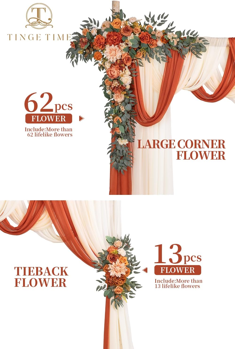 TINGE TIME Artificial Arch Flowers Kit Pack of 5, Fall Wedding Decorations for Reception with Hanging Flowers, Wedding Arch Silk Floral Arrangements Ceremony Backdrop Bridal Shower Outdoor Party Decor