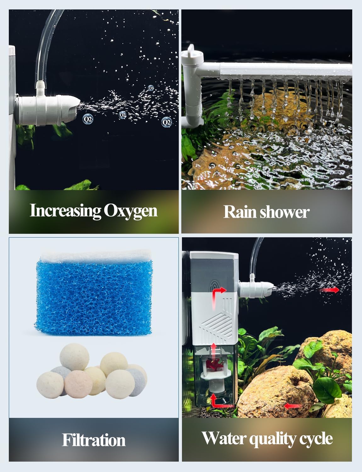 UPETTOOLS Aquarium Internal Filter, 4 in 1 Fish Tank Filters Pump Sponge Filter Ultra Silent Adjustable Submersible Power Filter for Fish Tanks 5-30 Gallon, 160 GPH, 10W