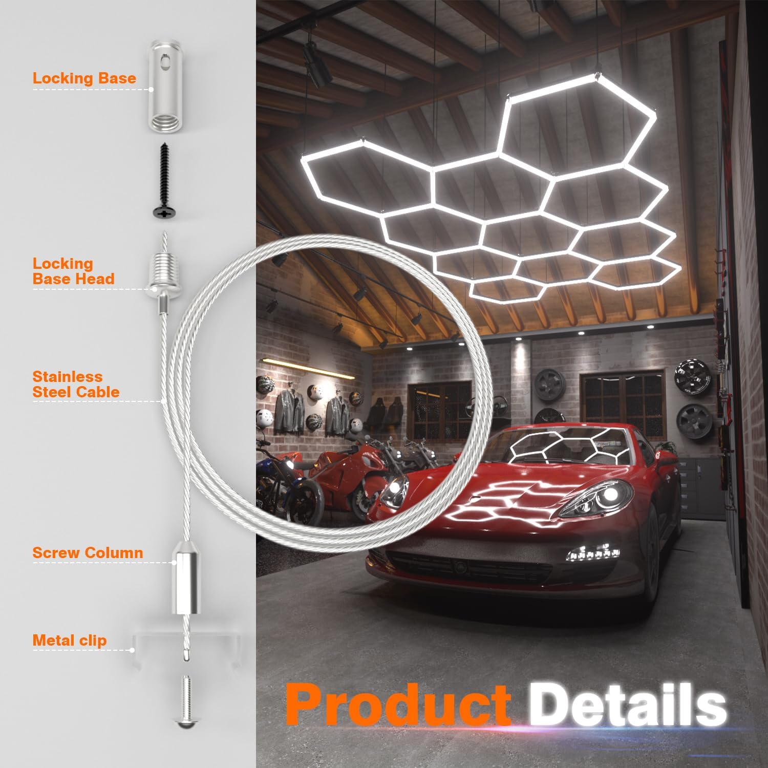 14 Pack Hexagon Garage Light Hanging Cable Kit, Adjustable 1.0M Stainless Steel Suspension Wire Rope Set, Heavy Duty 1.5mm Lighting Hanging Kit for Hex LED Lights, Max Load 6.6lbs