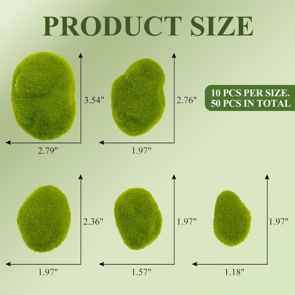 Fuxdre 50PCS Artificial Moss Rocks, 5 Size Fake Green Moss Balls, Green Moss Covered Stones, Faux Moss Decor for Floral Arrangements, Wedding Decorations, Home Decor, Fairy Gardens and Crafting