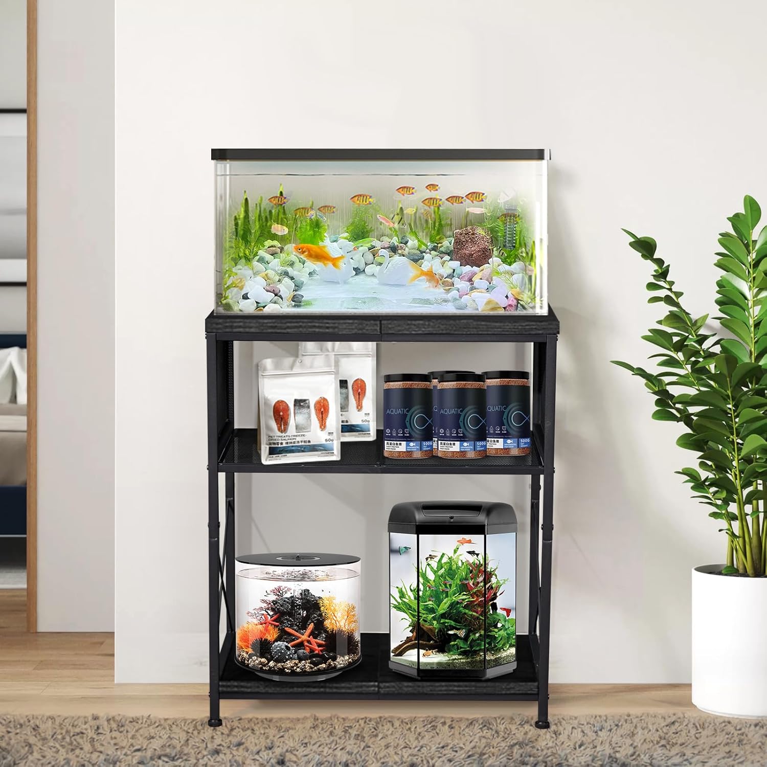 LALA IKAI Fish Tank Stand, 10-20 Gallon Metal Aquarium Stand Table with 2 Tiers Storage Shelf, 4-Leg Reptile Tank Stand, Black