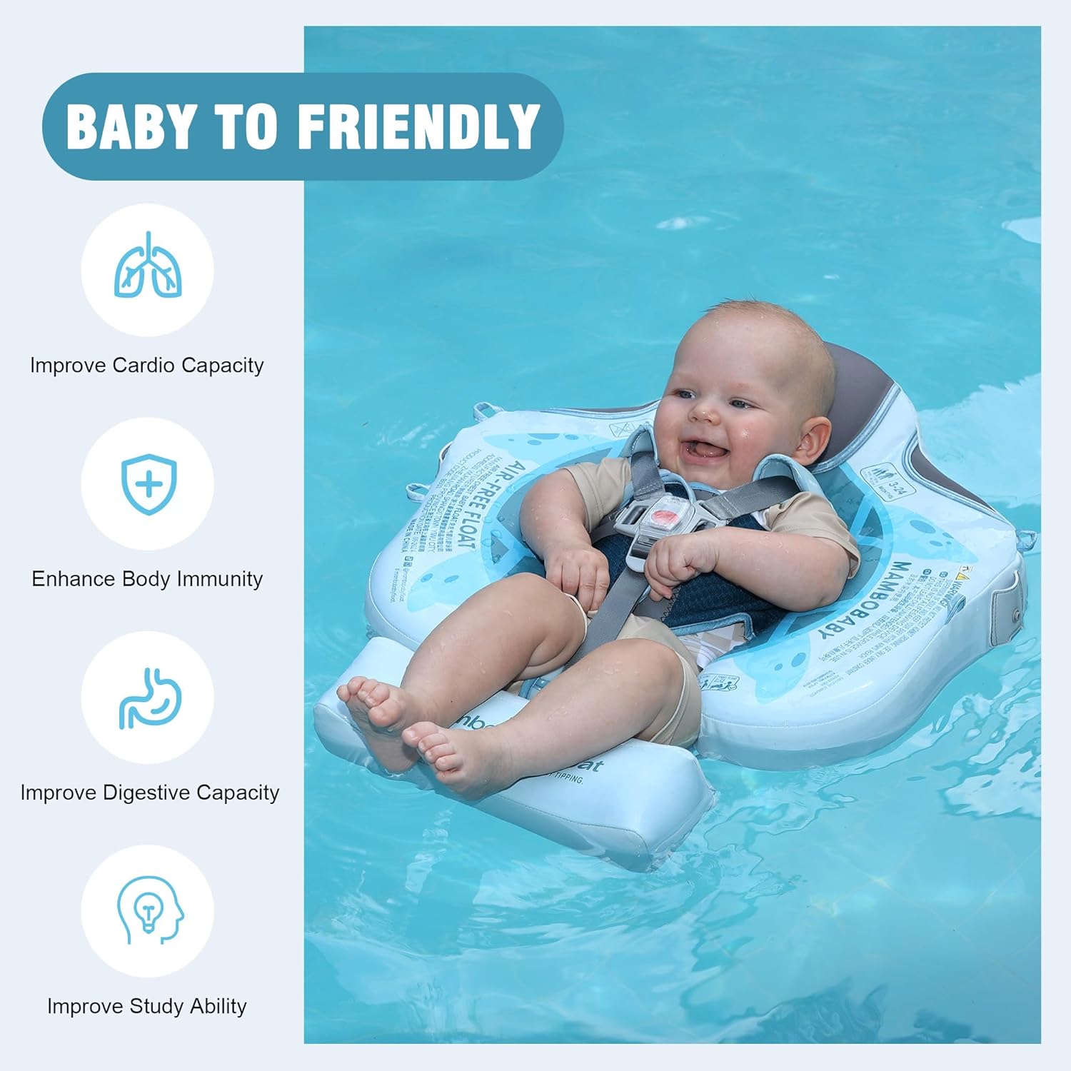 Mambobaby Baby Pool Float with Removable Sun Canopy - Non Inflatable Infant Swim Float with Anti-Flip Tail Design, Waterproof & Skin-Friendly Baby Float for Swimming (3-24 Months)