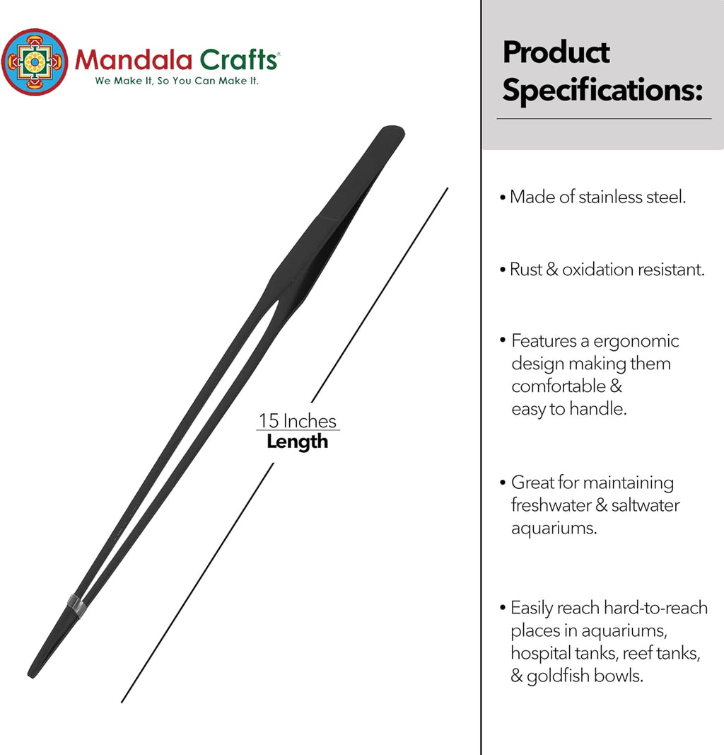 Mandala Crafts 15 Inches Black Stainless Steel Straight Aquarium Tweezers for Aquatic Plants – Long Aquascape Forceps for Fish Tanks, Hospital Tanks, Goldfish Bowls, and Terrariums