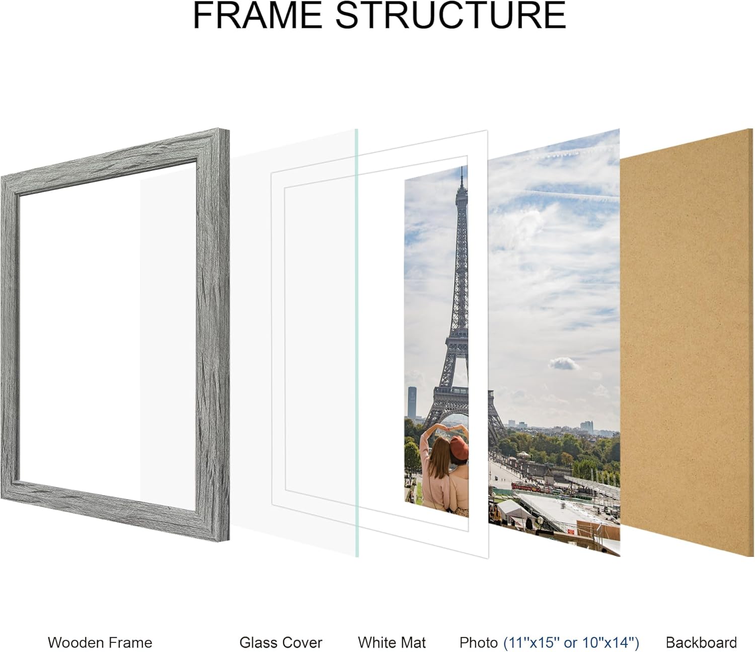 11x15 Picture Frame Set of 4, Made of Real Glass and Grey Frame - Display Picture 10x14 with Mat or 11x15 Without Mat, 11 by 15 Photo for Wall Mounting
