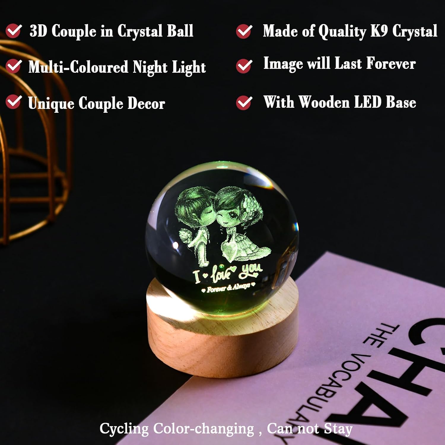 IFOLAINA 3D Couple Crystal Ball Valentine's Gifts for Her 2.36" Engraved Glass Couple Sphere Gifts with Colorful Lighted Base Decorative Glass Ball Romantic Anniversary Decor Wife Birthday Gifts
