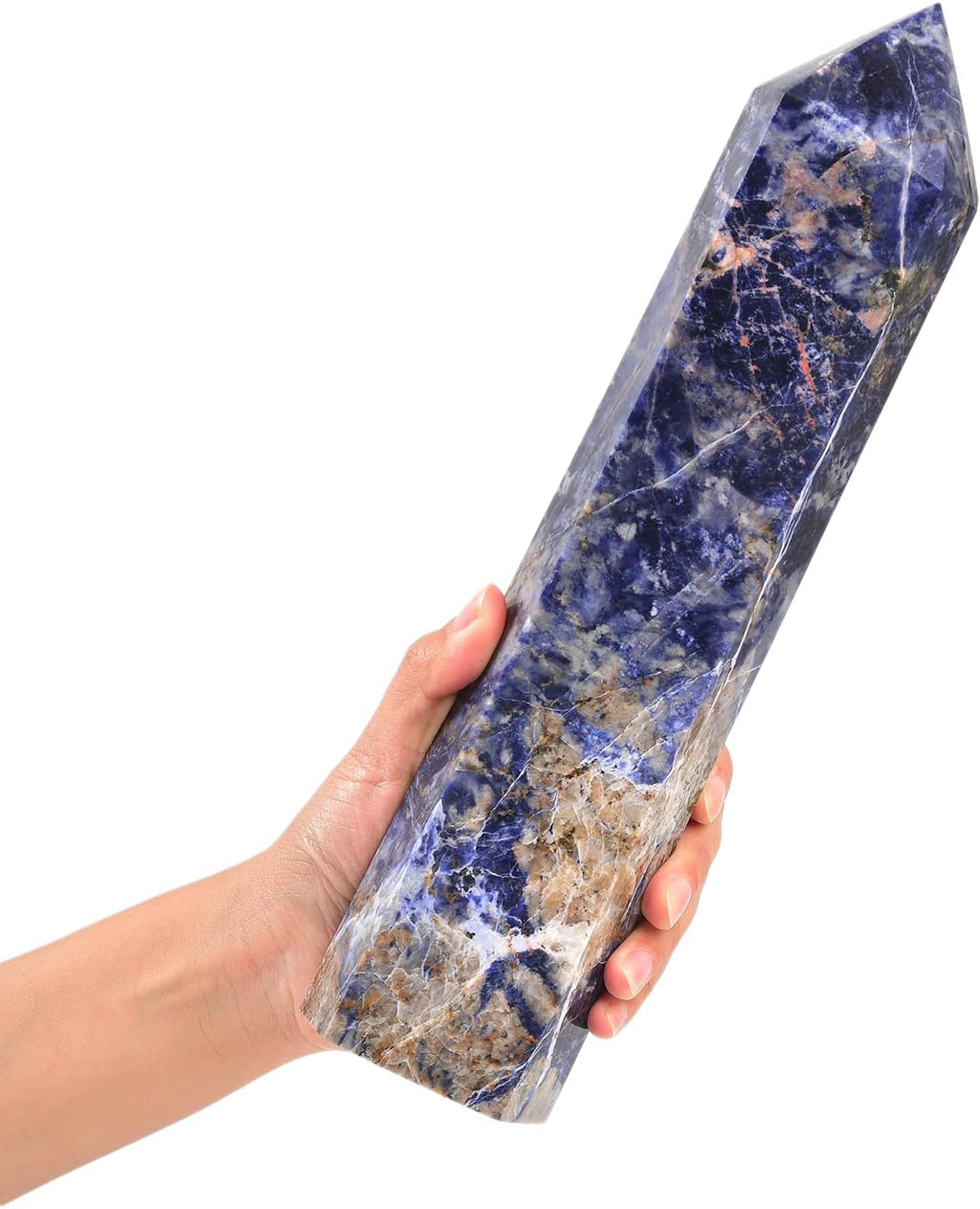 JIC Gem Extra Large Blue Sodalite Healing Crystal Wand 6 Faceted Blue Quartz Crystals Obelisk Tower Points Crystals Decor Reiki 4.0-4.4 Lbs