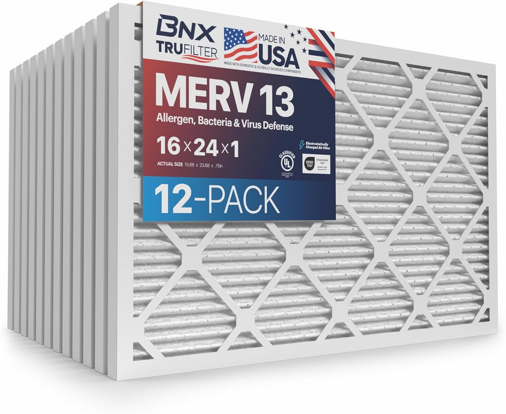 BNX TruFilter 16x24x1 Air Filter MERV 13 (12-Pack) - MADE IN USA - Electrostatic Pleated Air Conditioner HVAC AC Furnace Filters for Allergies, Pollen, Mold, Bacteria, Smoke, Allergen, MPR 1900 FPR 10