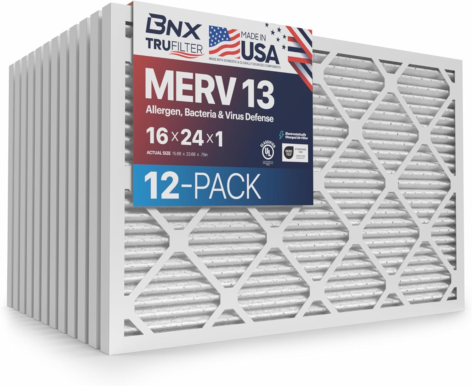BNX TruFilter 16x24x1 Air Filter MERV 13 (12-Pack) - MADE IN USA - Electrostatic Pleated Air Conditioner HVAC AC Furnace Filters for Allergies, Pollen, Mold, Bacteria, Smoke, Allergen, MPR 1900 FPR 10