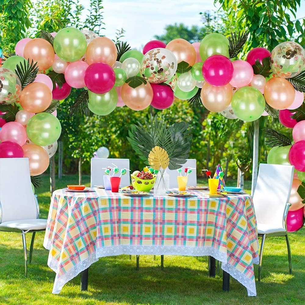 120Pcs 9 Kinds Artificial Tropical Leaf Jungle Leaves Golden Plant Safari Leaves Decorations for Hawaiian Party Beach Birthday Luau Party Decorations