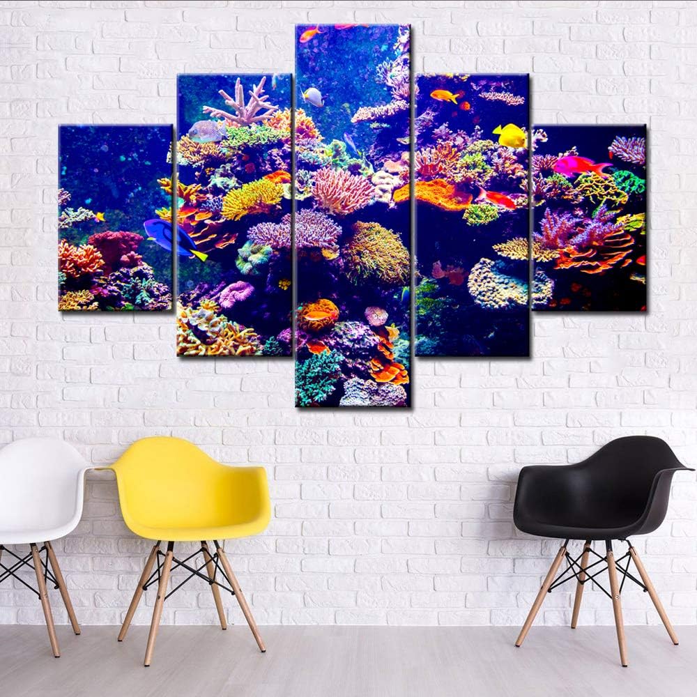 House Decoration Living Room Coral Reef and Tropical Fish in Sunlight Picture Underwater Seascape Painting Contemporary Artwork Red Canvas Artwork Framed Ready to Hang Posters and Prints(60''Wx40''H)