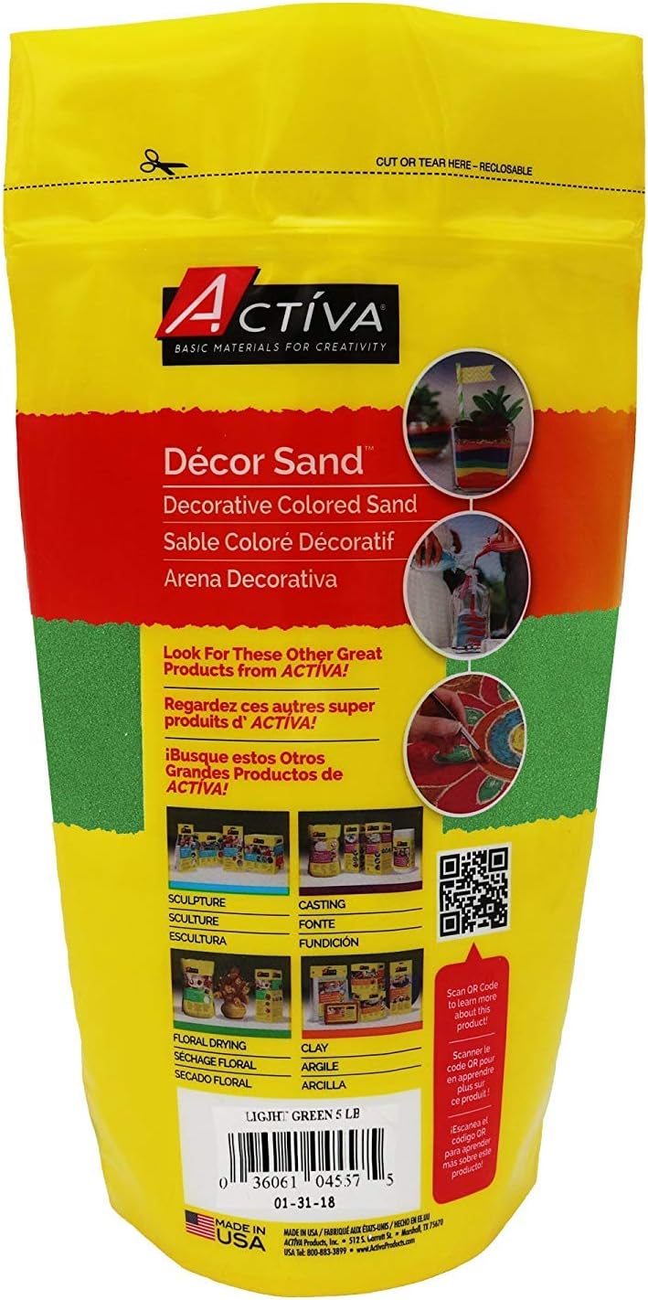 Activa Light Green Decorative Colored Sand in Resealable Bag, 5lb (2.27kg) | Fine Grain & Fade-Proof Sand for Arts & Crafts