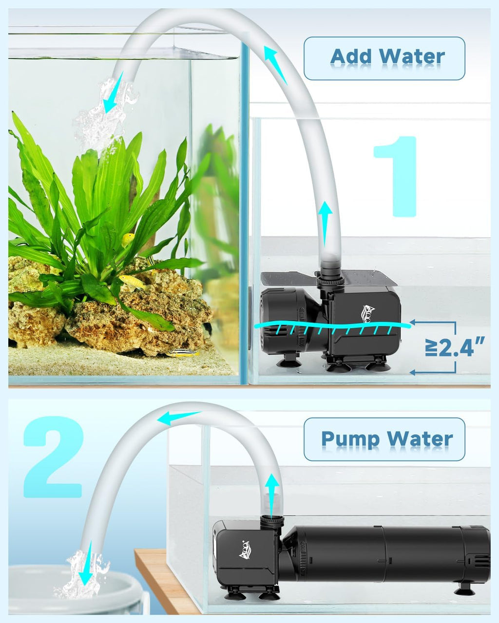 AQQA Dual-Stage Aquarium Filter with Bio Ceramic Balls & Activated Carbon, Adjustable Wave Maker or Rainfall Outlet for Oxygenation, Water Circulation & Clear Water, for Freshwater & Saltwater Tanks