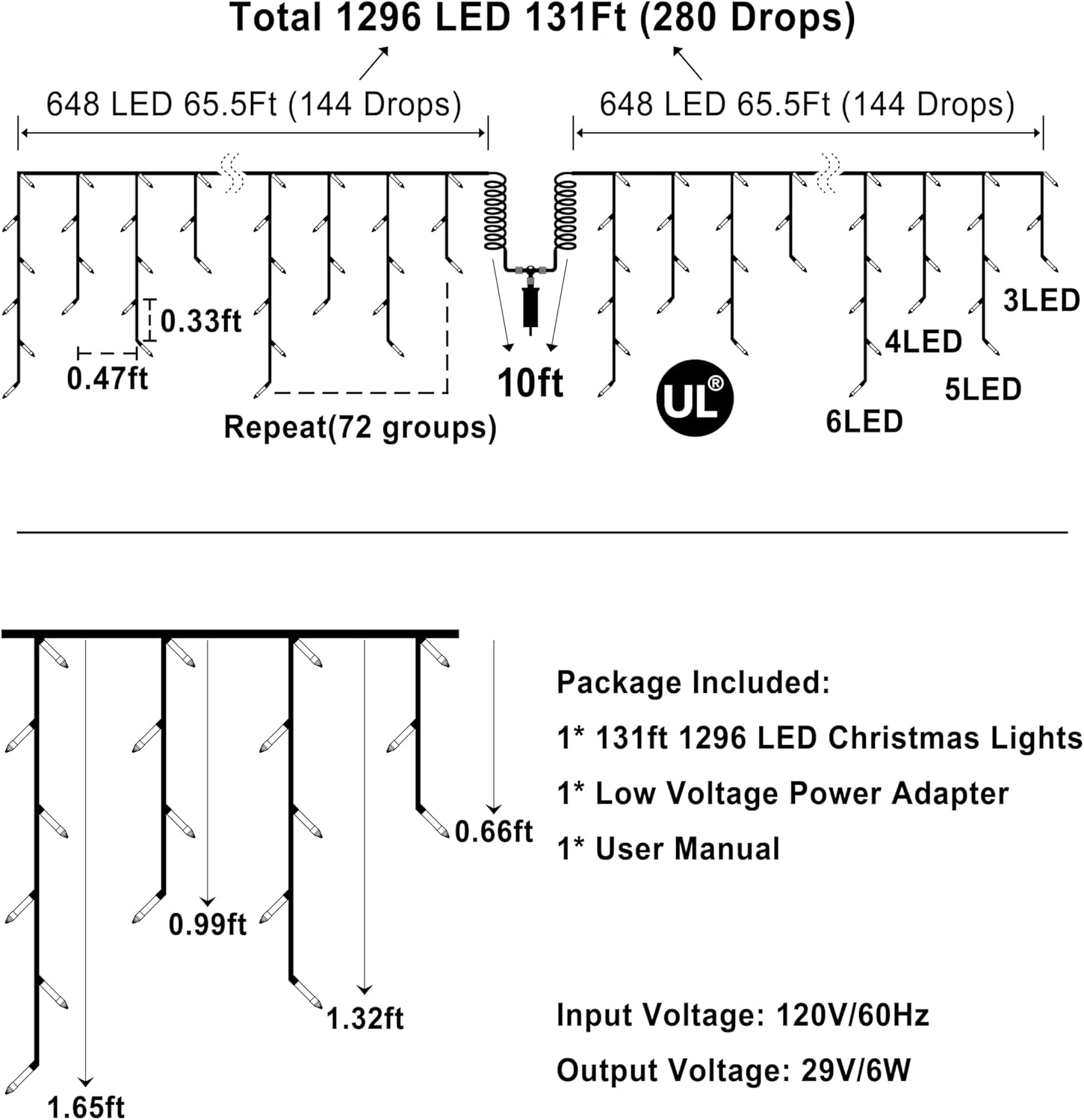 1296 LED 131FT Christmas Lights 288 Drops, Outdoor Hanging lights with 8 Modes Timer, Plug in Curtain String Lights Outdoor Waterproof for House Fence Tree Holiday Wedding Party Outside Decor (Blue)