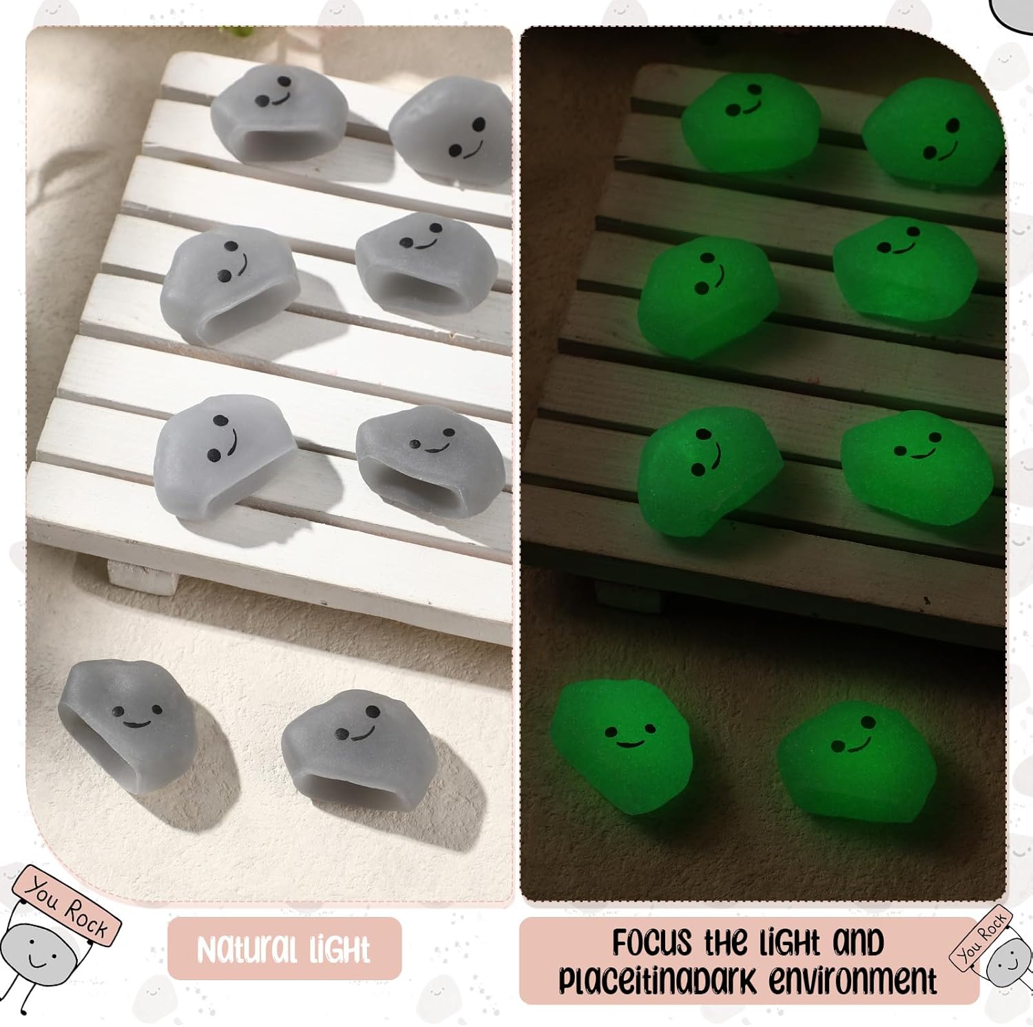 Wettarn 30 Sets Emotional Luminous Stone Stress Ball Gifts Bulk Office Christmas Appreciation Gift Cute Positive Stone Squeeze Inspirational Card You Rock Figures Stress Relief Ball for Coworker Staff