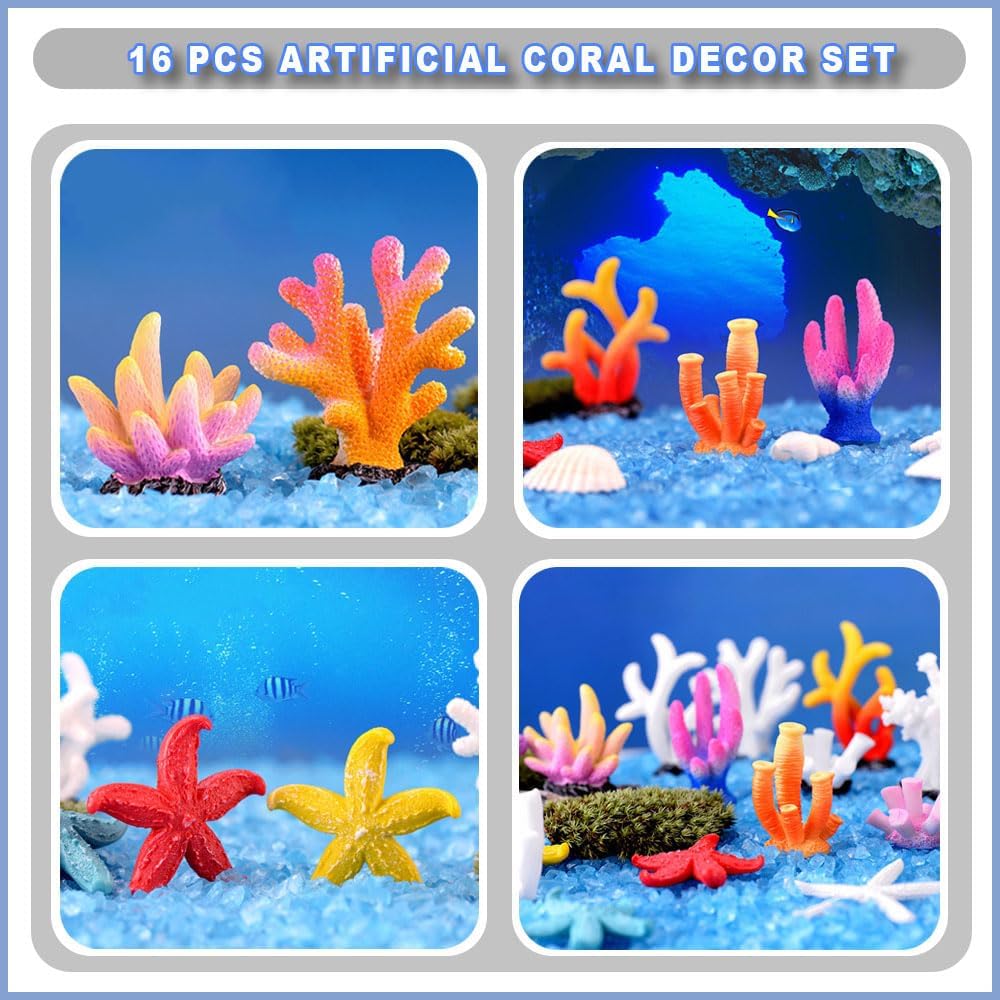 16 Pcs Artificial Coral Decor Set Colorful Polyresin Aquarium Ornaments for Fish Tanks, Fish Tank Aquarium Landscape, Coral Reef Decor