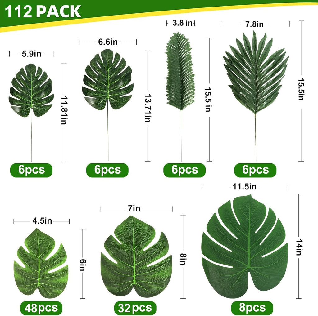 112Pieces 7 Kinds Artificial Palm Leaves Tropical Leaves with Stems Jungle Leaves Decorations for Hawaiian Luau Party Beach Baby Shower Wedding Birthday