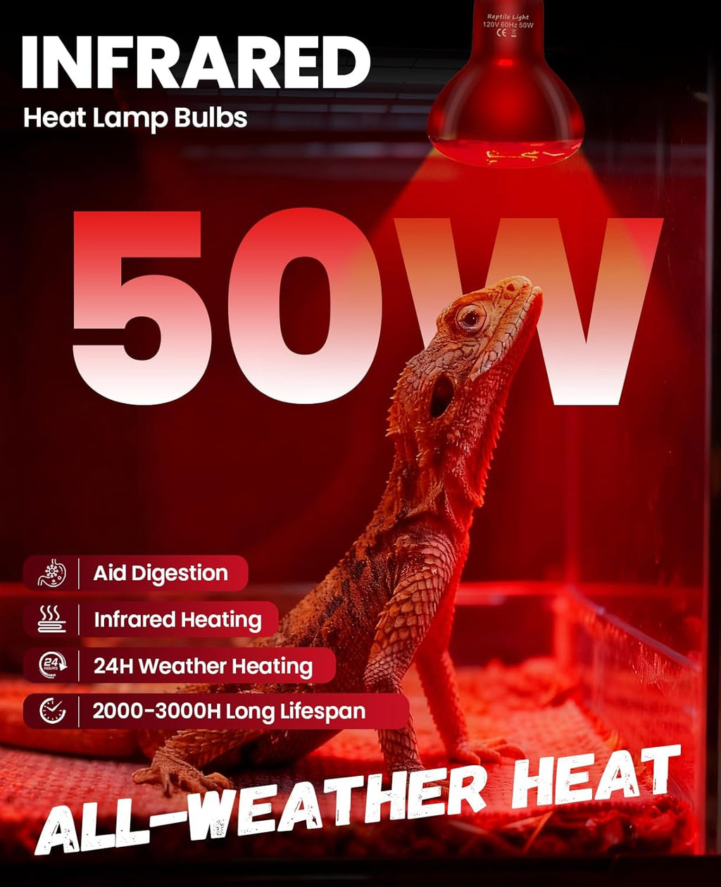 KINDEEP Infrared Heat Lamp Bulbs: 50W Reptile Heat Light 2 Pack - Red Basking Spot Light Bulbs Reptile Heating lamp for Lizard Bearded Dragon Turtle Snake Leopard Gecko Tortoise Chickens