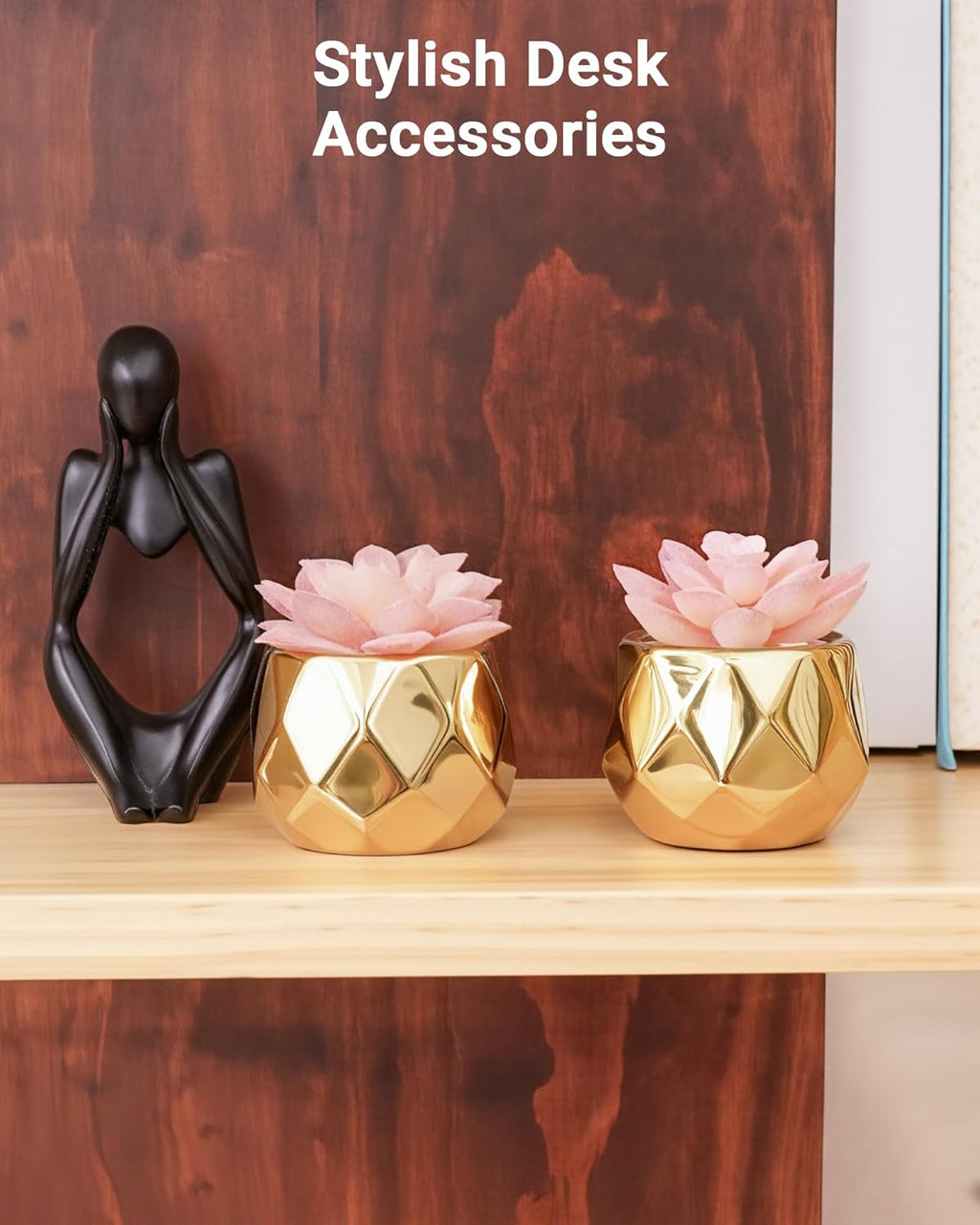 VIVERIE Mini Succulents Plants Artificial in Pots-Pink with Golden Ceramic, Christmas Small Fake Succulents Plants for Home Decor Indoor for Women, Set of 2, Gifts for Mom