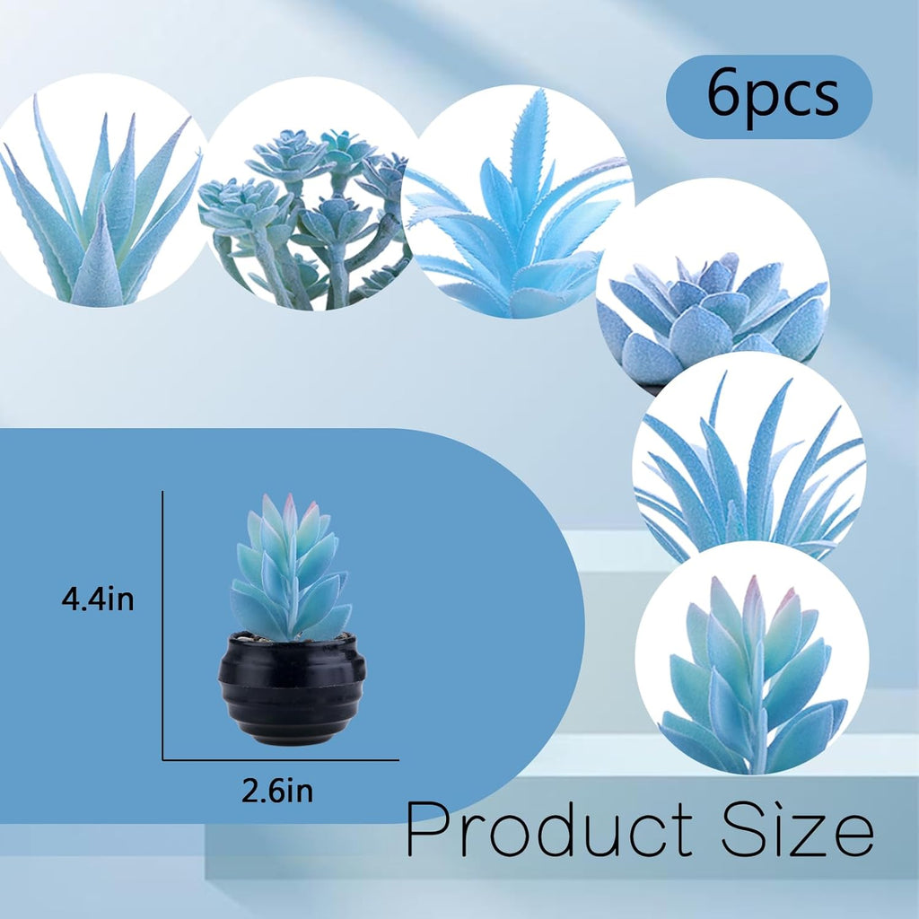 GREENTIME 6 Pcs Blue Artificial Succulent Plants in Mini Black Plastic Pots Small Fake Succulent Plant Faux Indoor Decor Bedroom Desk Bathroom Office Living Room Table Shelf Home Decoration