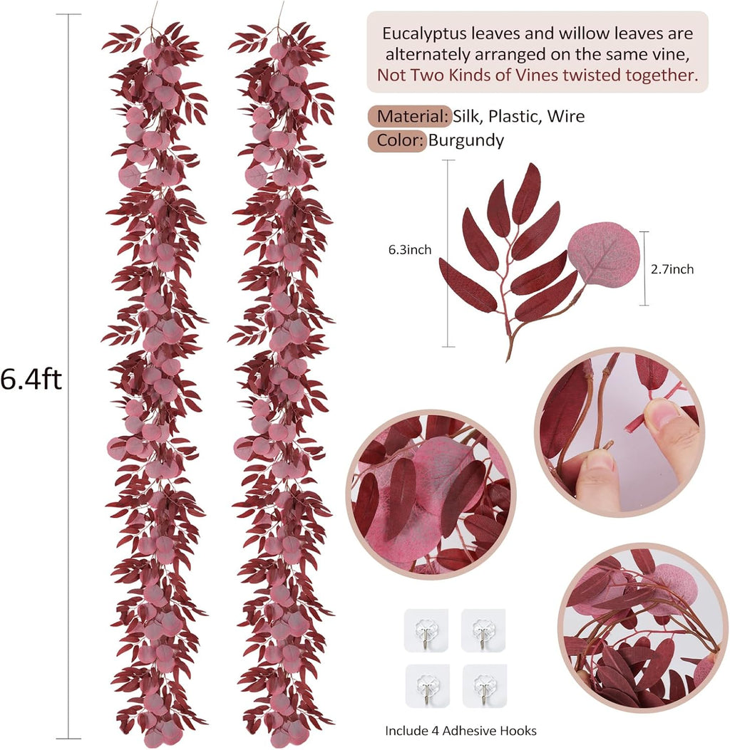 RECUTMS 2Pcs Artificial Eucalyptus Garlands with Willow Leaves 6.6Ft Faux Hanging Eucalyptus Willow Vines Fall Rattan Thanksgiving Christmas Party Wedding Table Centerpiece Fireplace Decor(Burgundy)