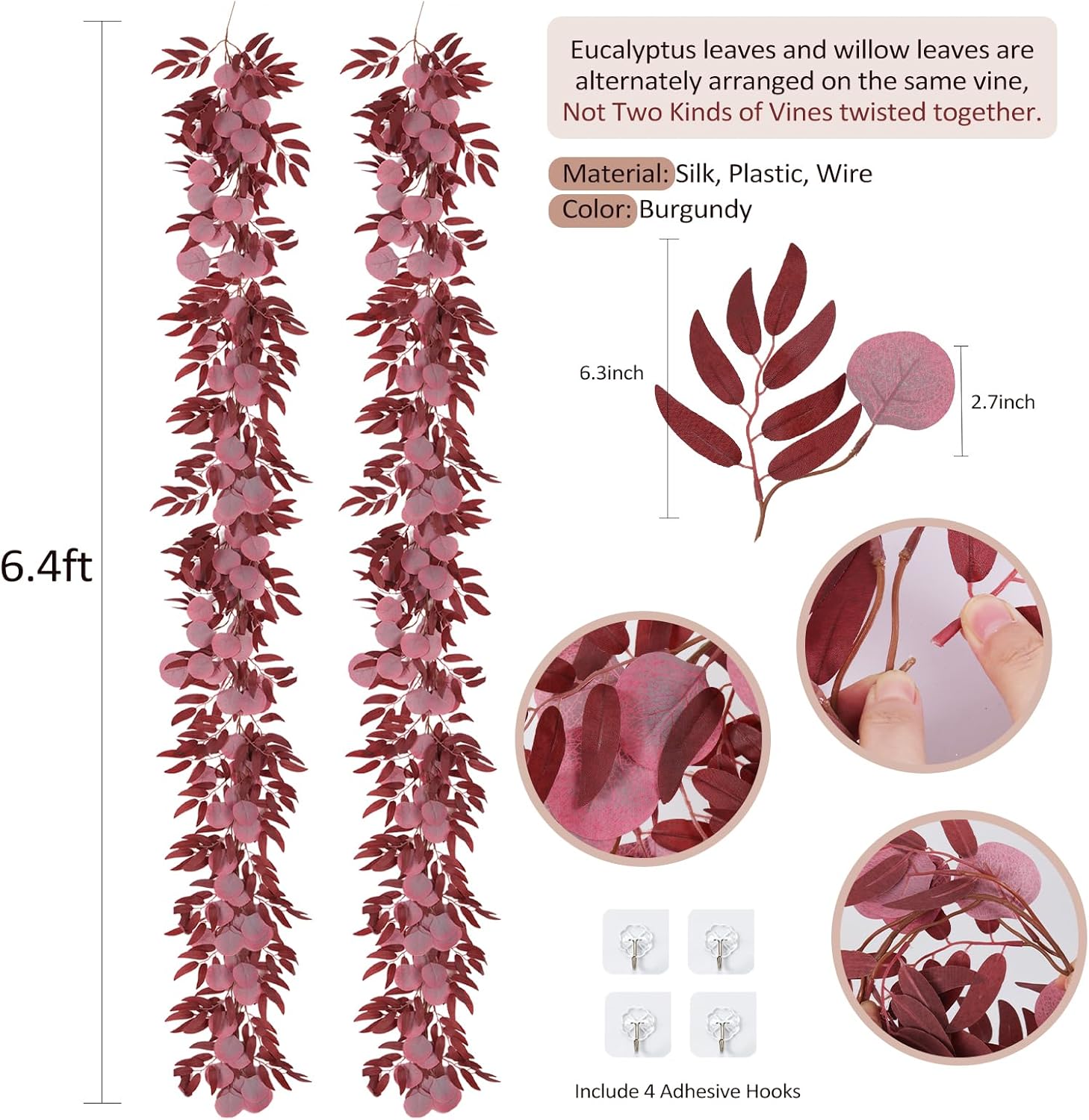 RECUTMS 2Pcs Artificial Eucalyptus Garlands with Willow Leaves 6.6Ft Faux Hanging Eucalyptus Willow Vines Fall Rattan Thanksgiving Christmas Party Wedding Table Centerpiece Fireplace Decor(Burgundy)