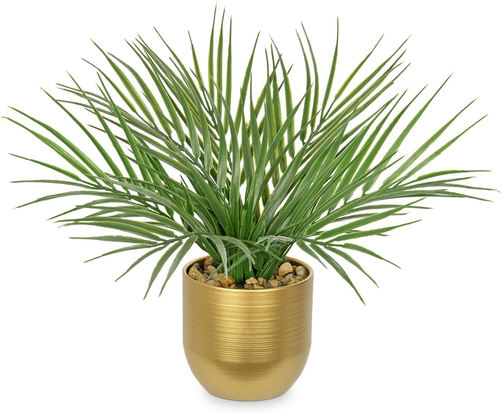 Hollyone Large Artificial Potted Plants Fake Palm Plants 13" Faux Tropical Palm Plant Tree in Gold Metal Pots for Home Room Office House Indoor Decoration